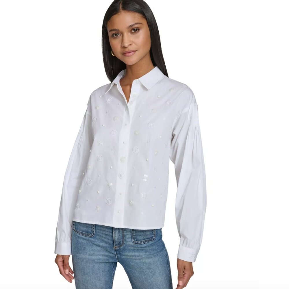 KARL LAGERFELD PARIS Women's Monogram Poplin Button-Up Shirt X SMALL